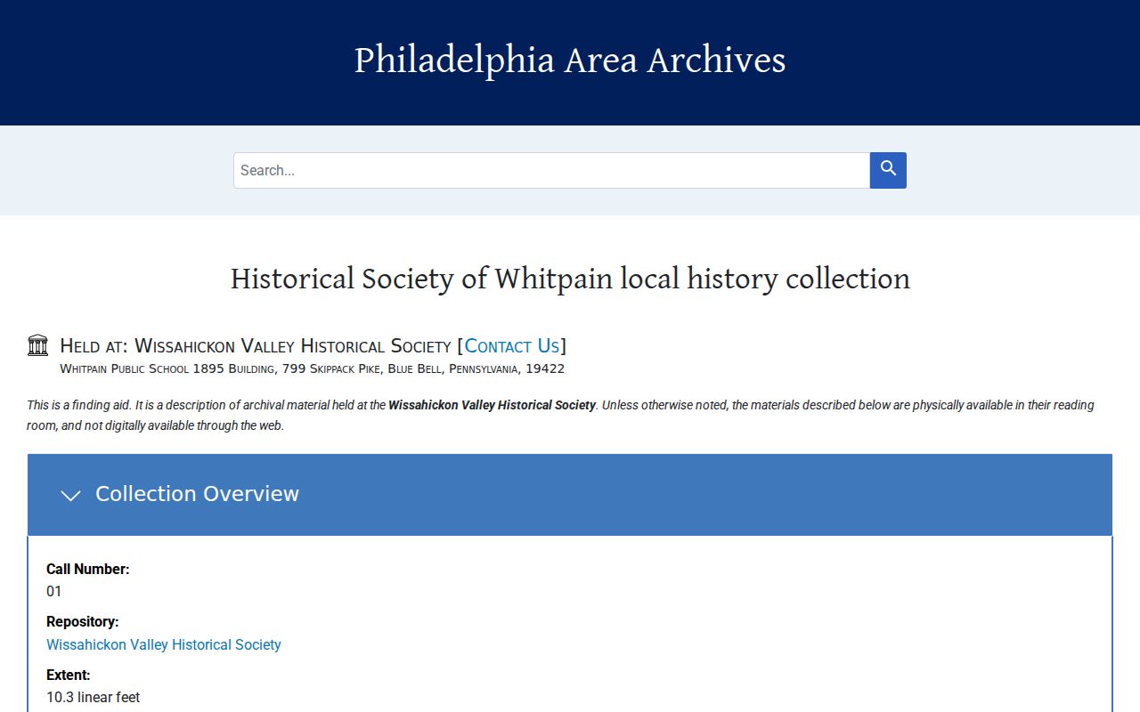 Whitpain Township city directory former Historical Society collection finding aid source