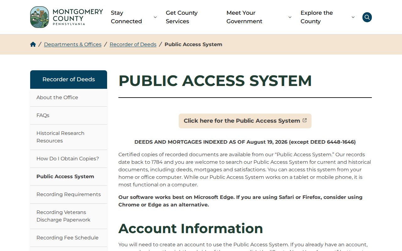 Whitpain Township residents directory Recorder Public Access account instructions