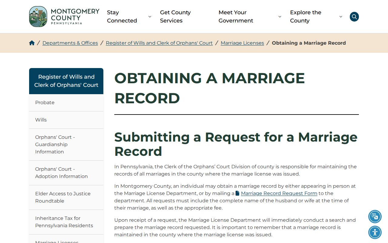 Whitpain Township previous residents Montgomery County marriage record request page