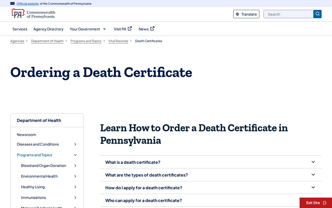 Whitpain Township resident lookup Pennsylvania death certificate request page
