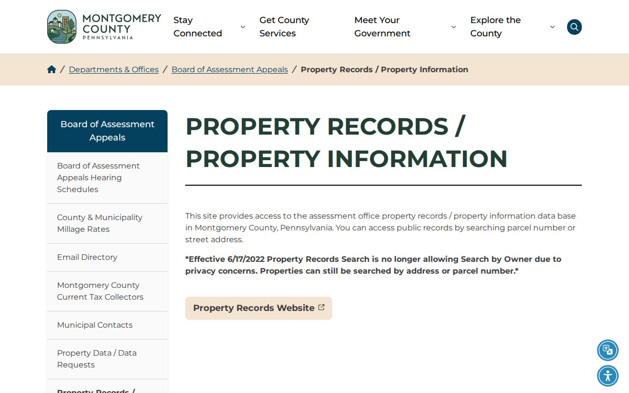 Whitpain Township street directory property search rules showing address and parcel search access
