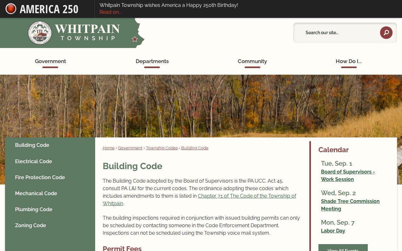 Whitpain Township street directory Building Code permit and inspection records page
